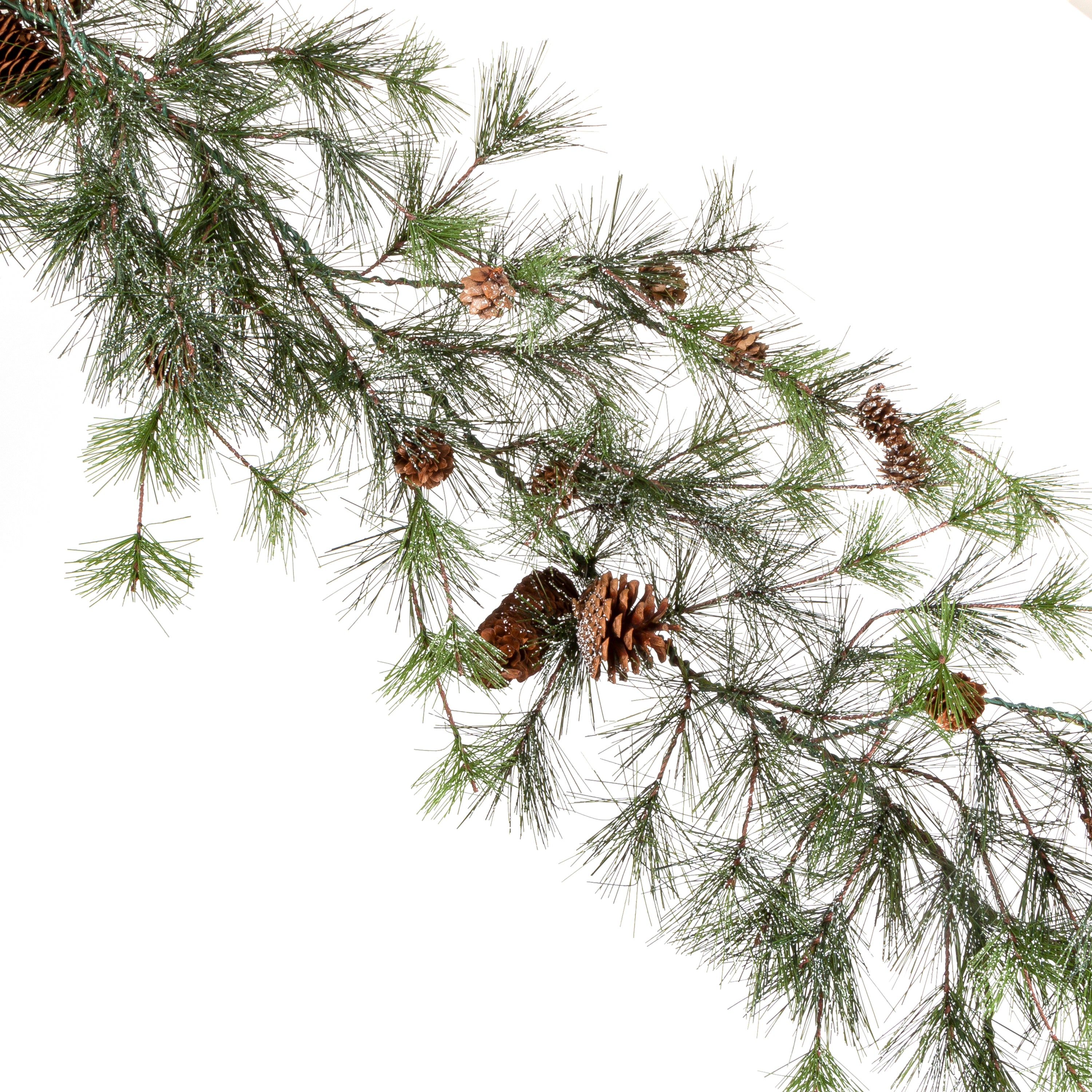 Snowy Ming Pine Garland with Drooping Branches and Pinecones